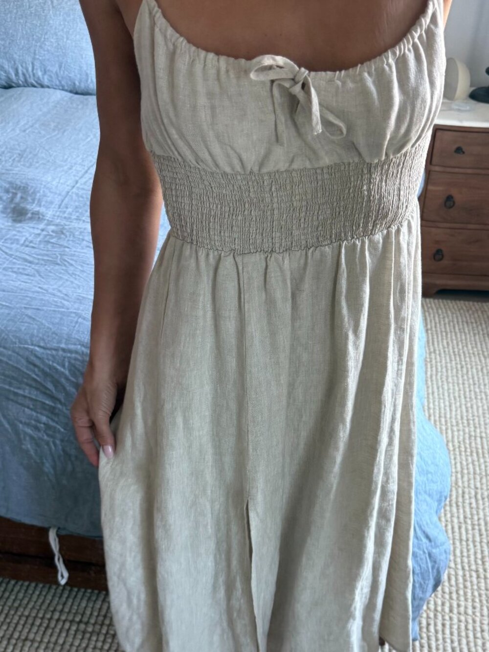 Aritzia Wilfred Beige Linen Smocked Midi Dress – Size Small